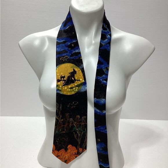 Spooky Halloween Witch Pumpkin Black Cat Necktie - Picture 1 of 7